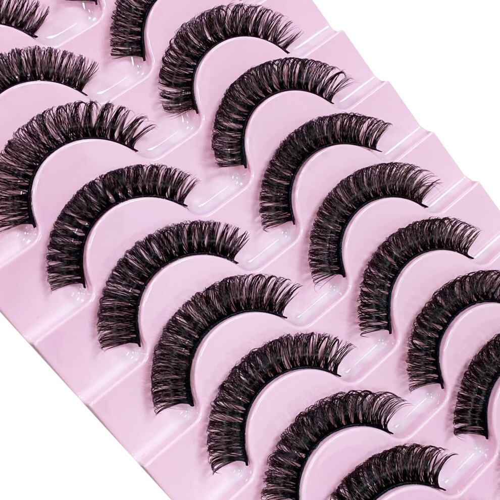 Cnmtcco False Eyelashes 10 Pairs Russian Strip Lashes Natural Fluffy Wispy D Curly Faux Mink Lashes Thick Short Soft Eyes Lash Reusable Fake Eyelashes