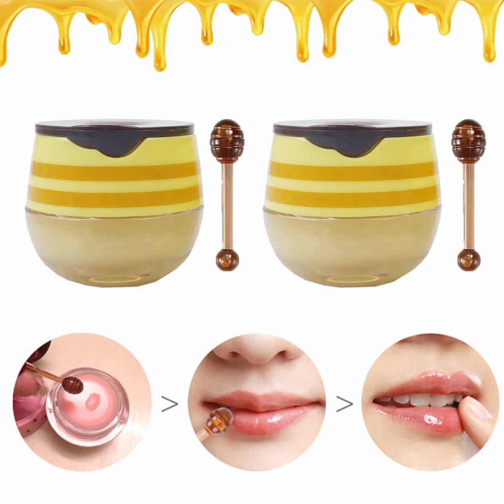 Xikangshun 2Pcs Bee Lip Balm Honey Pot, Honey & Strawberry Propolis Moisturizing, Hydrating & Prevention Dry And Cracked Lip Scrubs Exfoliator (B)