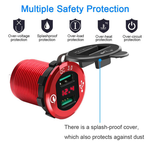2X Quick Charge 3.0 USB Charger Socket, 12V/24V Dual USB Car Power Outlet Cigarette Lighter with LED Voltmeter 2