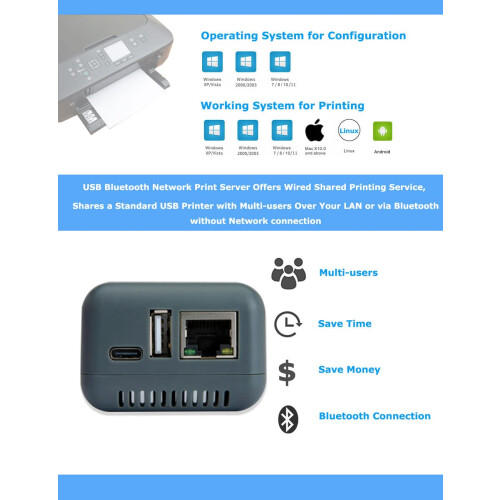 Bluetooth Print Server Network USB for Wireless Printing Gray 2