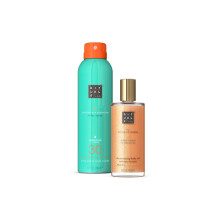 The Ritual of Karma Summer Skincare Duo, Sun Spray Lotion SPF 30 for Broad Spectrum Protection, Illuminating Body Oil with White Tea and Lotus Flower,