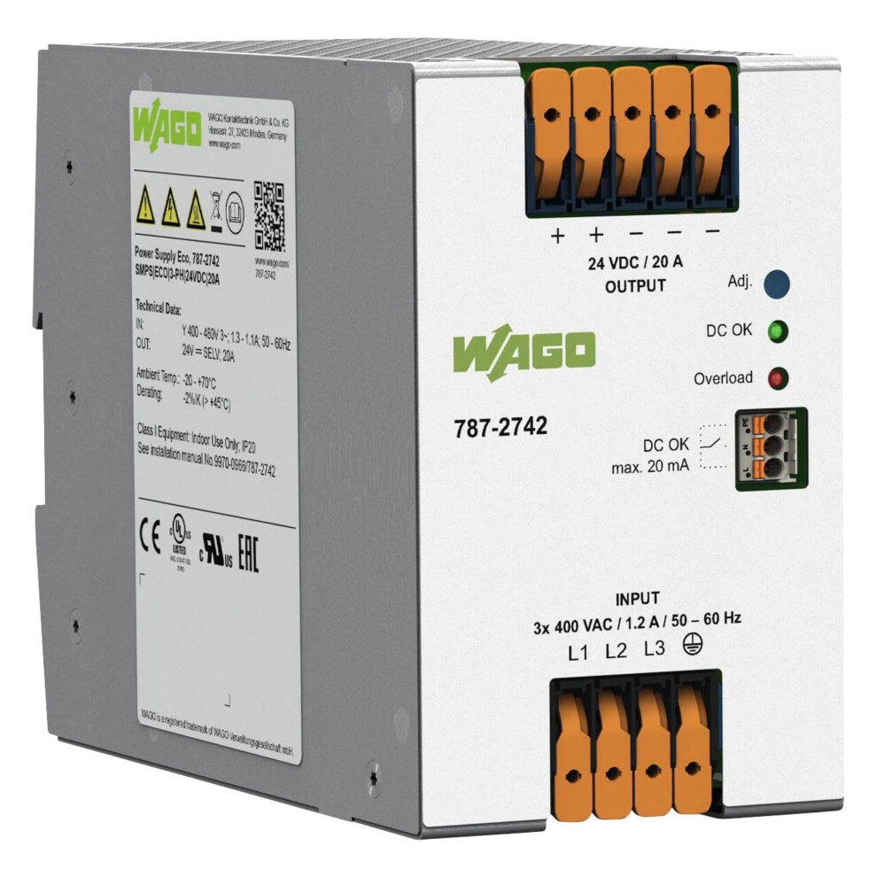 787-2742 | Wago Power Supply Unit, 400-480V Input Voltage, 24V Dc Output, Passive Power Factor Correction 4055143588973