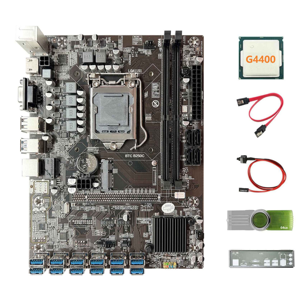 Photos - Other Components B250C BTC Motherboard+G4400 CPU+64G USB Drive+Baffle+SATA Cable+Switch Cable 12 USB3.0 DDR4 LGA1151 for ETH