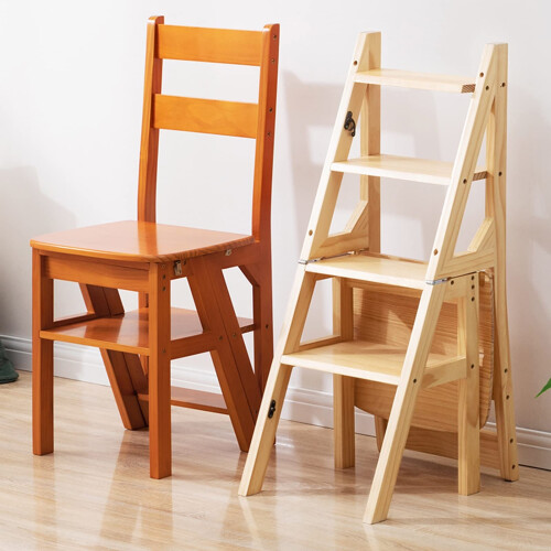 Solid Wood Folding Library Ladder Chair Step Ladders Step Chair Foldable 4-Step Stool Dual Purpose Stepladders 4-Step Climb Step Display Stand Flower 1