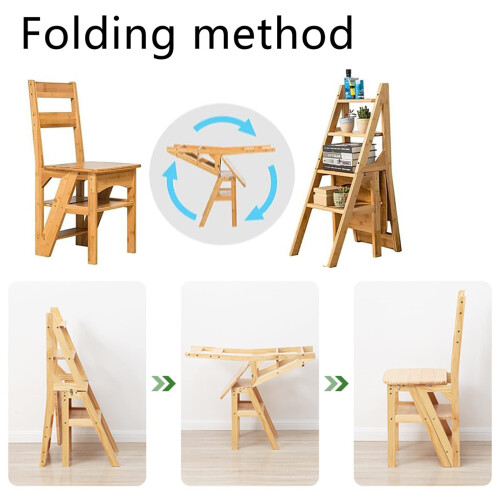 Solid Wood Folding Library Ladder Chair Step Ladders Step Chair Foldable 4-Step Stool Dual Purpose Stepladders 4-Step Climb Step Display Stand Flower 2