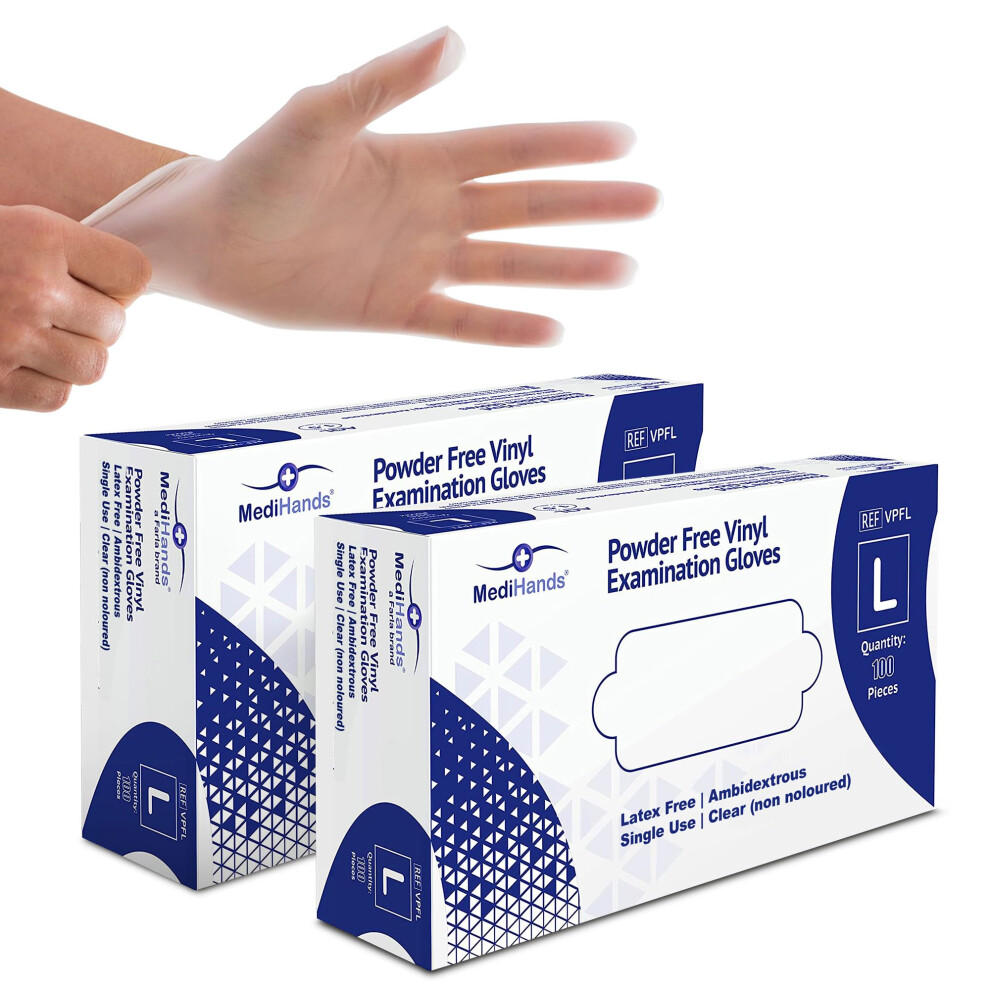Medihands Clear Vinyl Gloves Large Disposable Surgical Gloves, Box Of 200 Powder Free Latex Free & Protein Free, Medical Gloves, Food, Multi Use 5055919614195