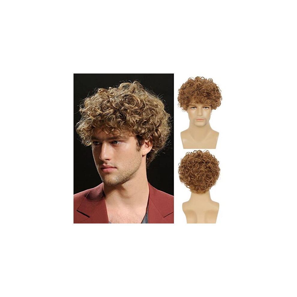 Beweig Unisex Short Wig For Men Blonde Layered Curly Wig Synthetic Halloween Costume Hair Wigs With Wig Cap