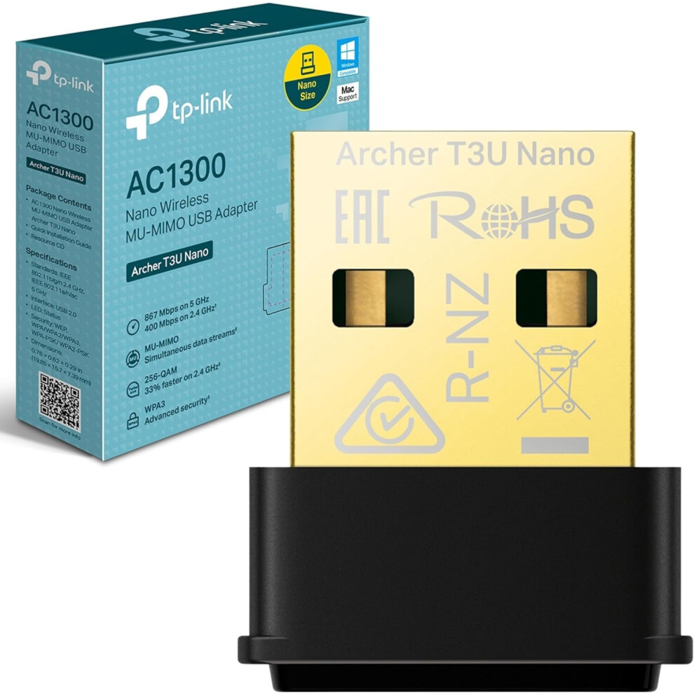 Archer T3u Nano Wifi Dongle, Ac1300 Wireless Usb 2.0 Wifi Adapter, Dual-Band Wi-Fi Dongle, Mu-Mimo, Supports Windows 10/8.1/8/7, Mac Os 10.15 And 1210002617468