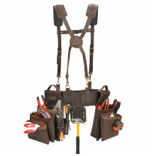 TOURBON Leather Carpenters Tool Belt with Suspenders Detachable Electrician Tool Pouches Work Apron Organiser