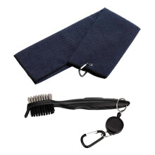 Golf Club Cleaning 2 Side Brush Towel Kit Groove Cleaner with Clip Bla