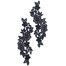 Pair Black Floral Lace Applique Embroidered Sewing Craft Trims Appliqu