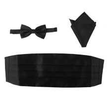 3pcs Men's Satin Bow Tie Cummerbund Hanky Handkerchief Black