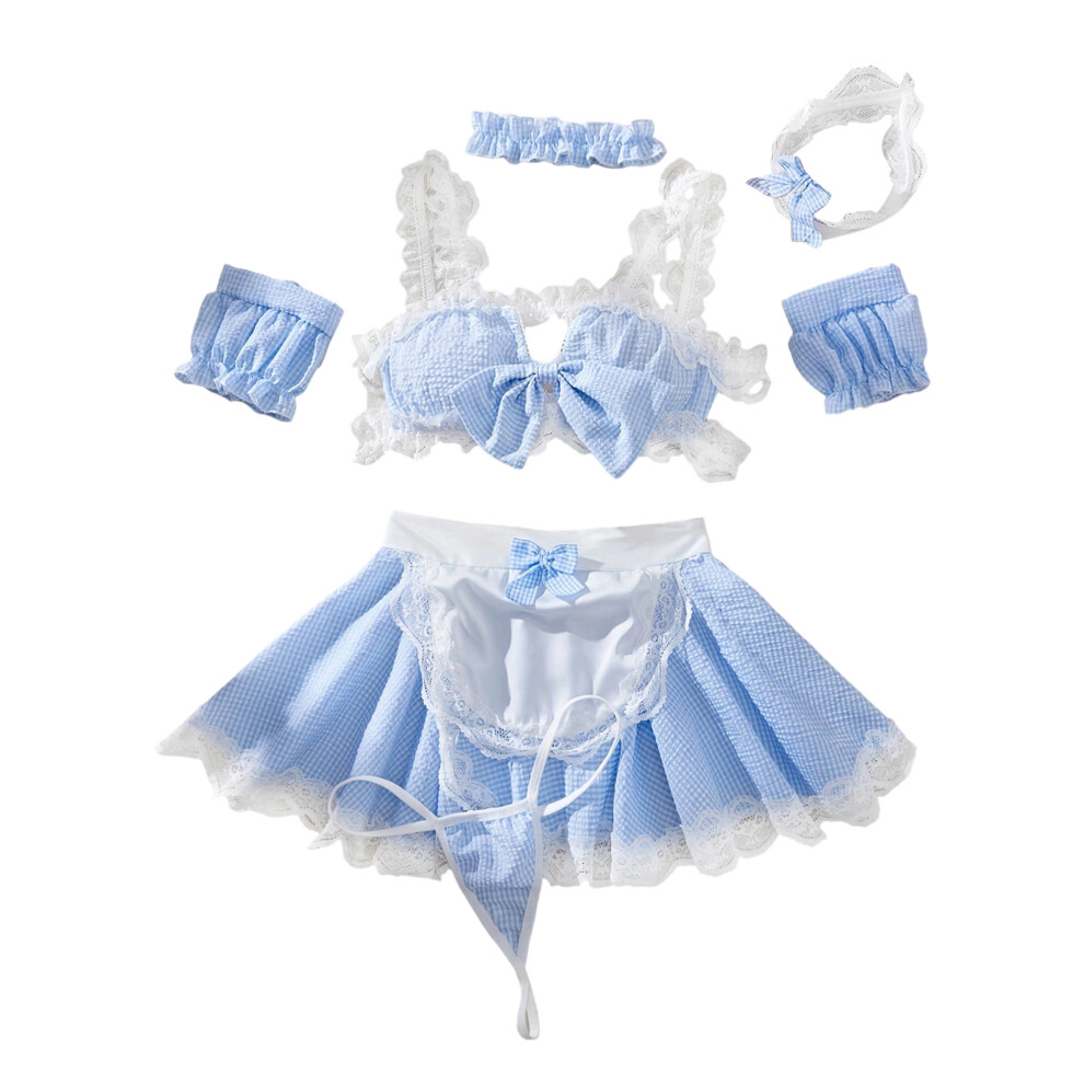 (M, Blue) Women's Maid Lingerie Set Sleeveless Plaid Print Bow and Panty Apron Skirt Set Exotic Nightwear