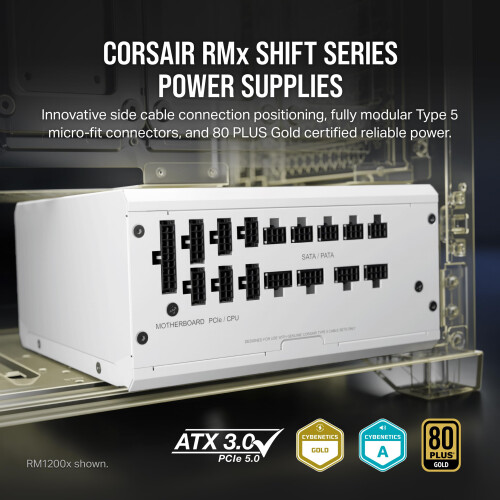 Corsair RM1000x SHIFT Fully Modular ATX Power Supply - 80 PLUS Gold - ATX 3.1 - PCIe 5.1 - Zero RPM - Modular Side Interface - White 1
