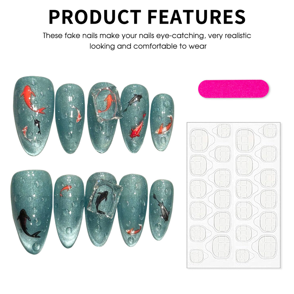 Bright-Home Blue (M) Glossy Fake Nails With Koi Printed Sweet & Charming Reusable False Nails For Daily And Parties Wearing