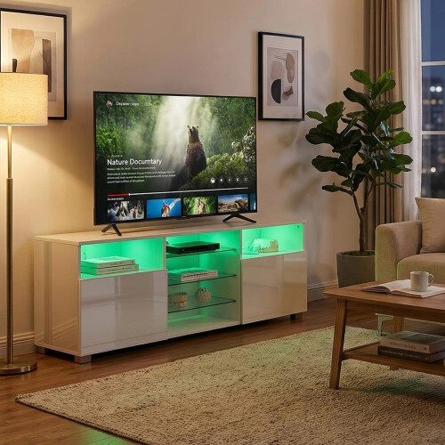 Living And Home White TV Stand with RGB LED Lights