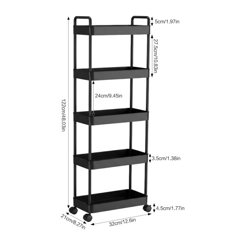 (5 layer) Mobile Plastic Storage Cart with Wheels - Kitchen & Bathroom Organizer