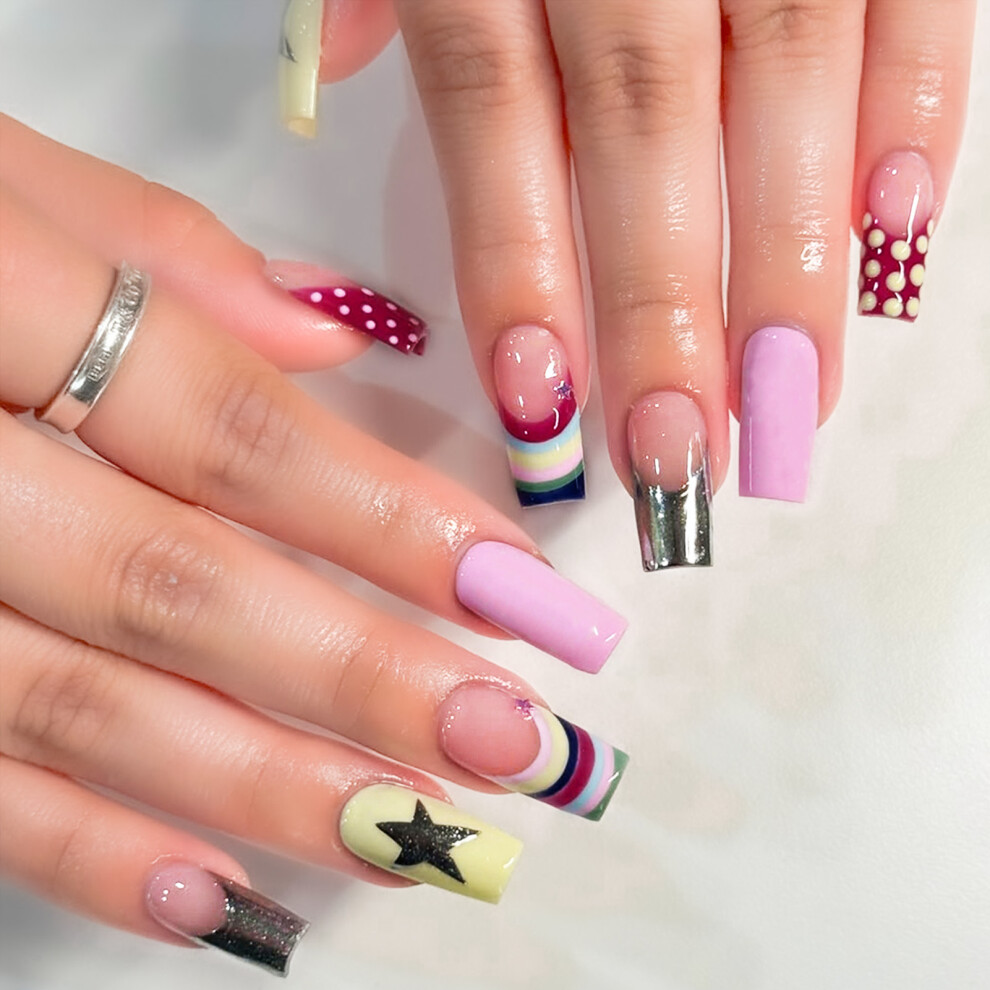 Reach-Tools Rainbow French Press-On Nails, 24Pcs Star Design