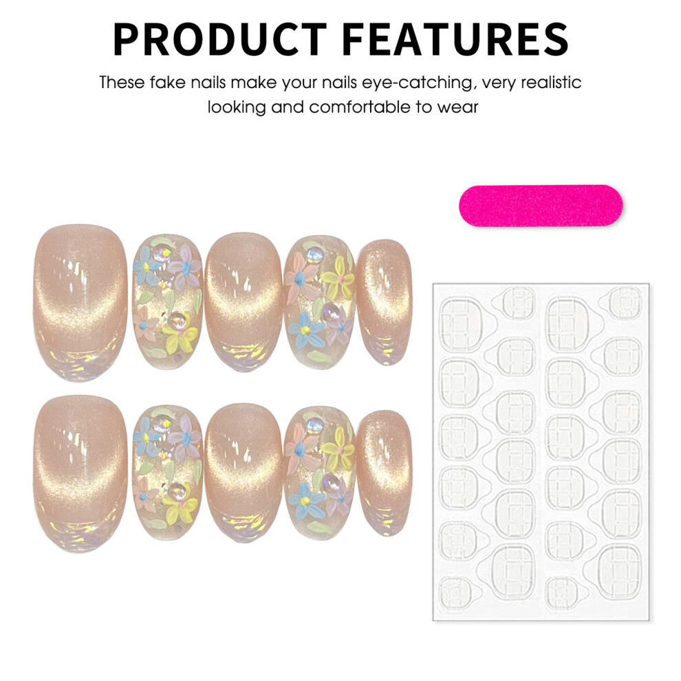 Penghui-Toys (Short Ellipse) Flower Print Cat Eye Fake Nails - 50Pcs