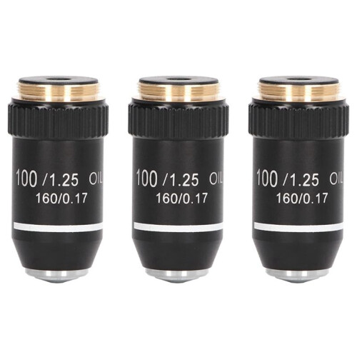 3pcs Biological Microscope Lens, 195 Achromatic Black Objective Lens 100X Oil High Power Objective Interface 20.2mm
