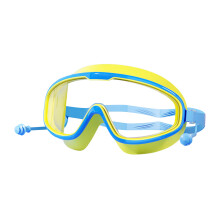 (Children's style-Blue and yellow one-piece earplug) Kids Anti-Fog Swim Goggles, Birthday Gift