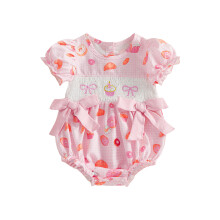 (12-18 Months, Pink) Baby Girl First Birthday Romper Bow Cupcake Embroidered Puff Sleeve Jumpsuit Cute Summer Spring Clothes