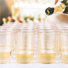 100X Gold Plastic Cups, Disposable Gold Glitter Plastic Wine Glasses, Clear Plastic Cups Tumblers, Christmas Party Cups