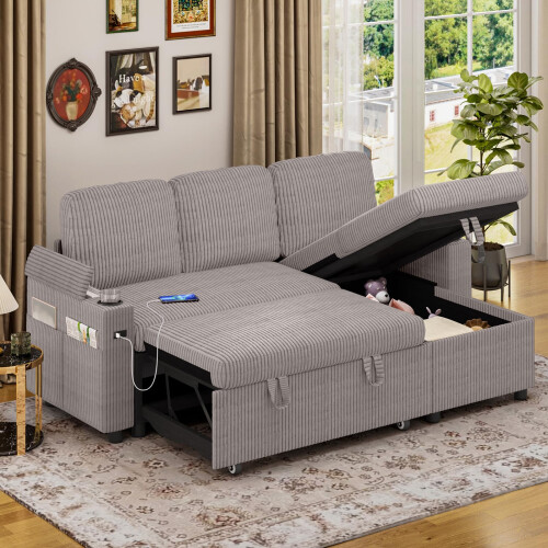 Joolihome 3-in-1 Corduroy Convertible Pull Out Sofa Bed, USB