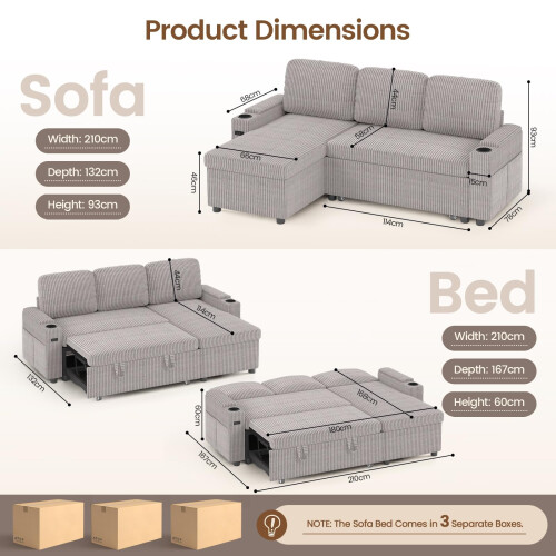 Joolihome 3-in-1 Corduroy Convertible Pull Out Sofa Bed, USB 1