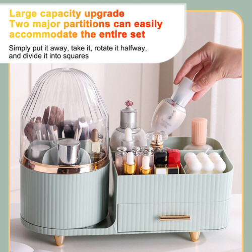 360 Rotating Makeup Organizer Box with Drawer, 5016.5cm, Beige/Green/White 1