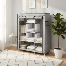 Portable Fabric Wardrobe with 8 Shelves and 2 Side Pockets, Silver Grey