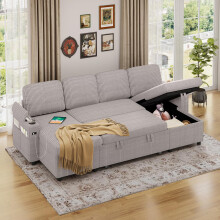 U-Shaped Sleeper Sectional Couch Bed, 3-in-1 Corduroy Convertible Pull Out Sofa Bed with Adjustable Backrest, Storage