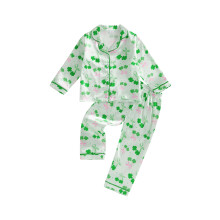 (2-3 Years, Green) Toddler Girl Spring Satin Pajamas Set Clover Print Lapel Long Sleeve Button Down Tops with Pants Sleepwear