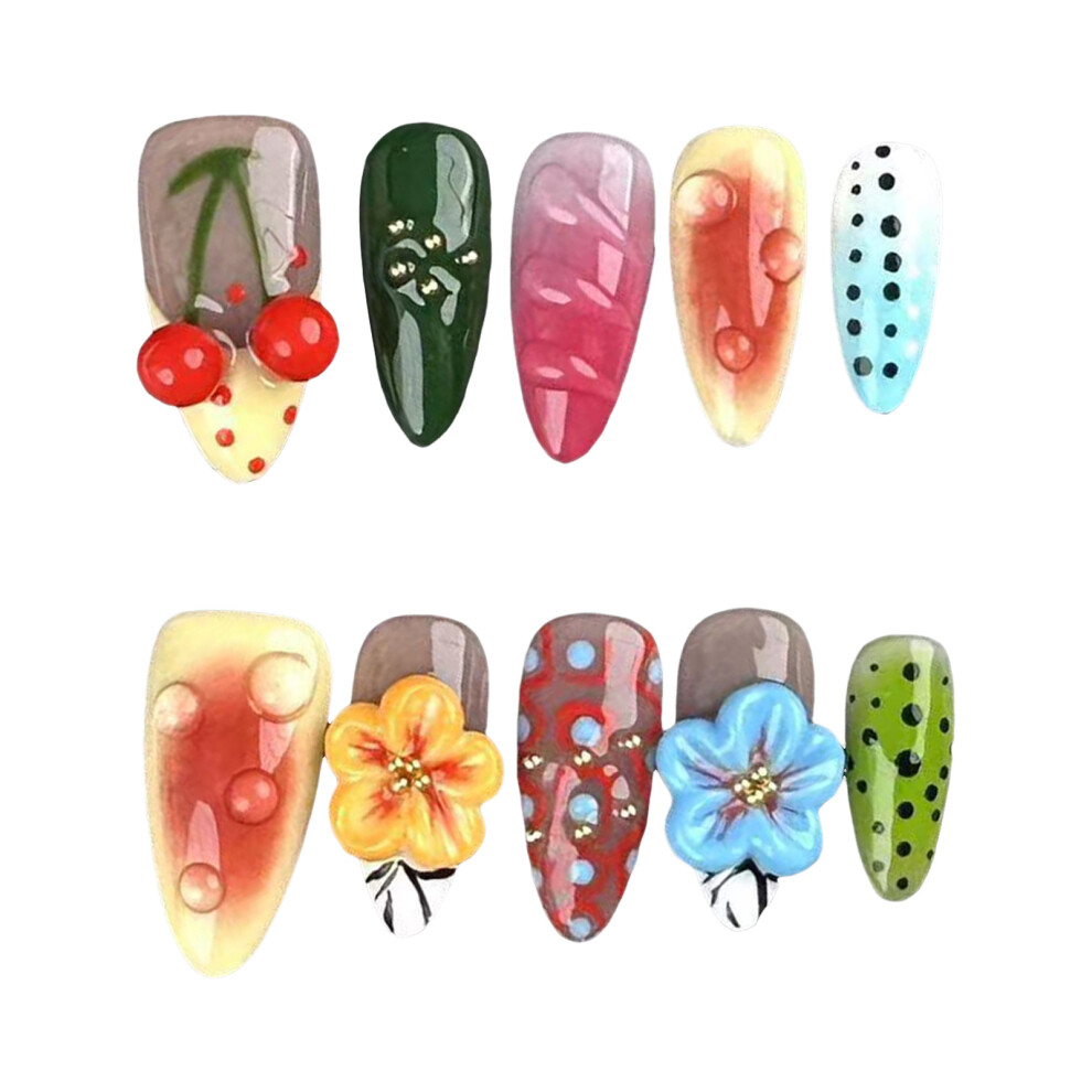 Zhouq-Outdoors (M) Flower French False Nails - Almond Diy Nail Art