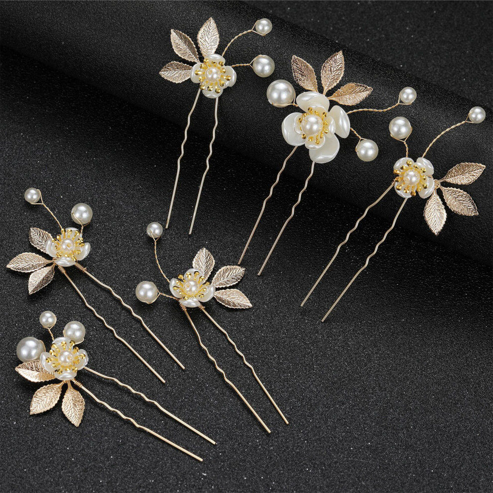 Hue-Grain (Gold) 6Pcs Pearl Leaf Hairpins - Elegant Women\'S Hair Accessories