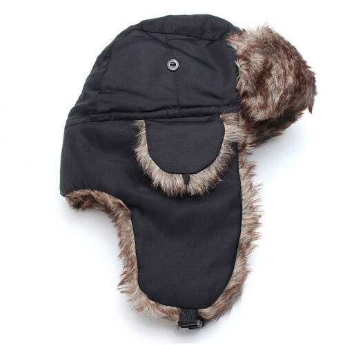 (Black) Winter Fur Ski Hat - Plush Thermal Earflap Cap 1