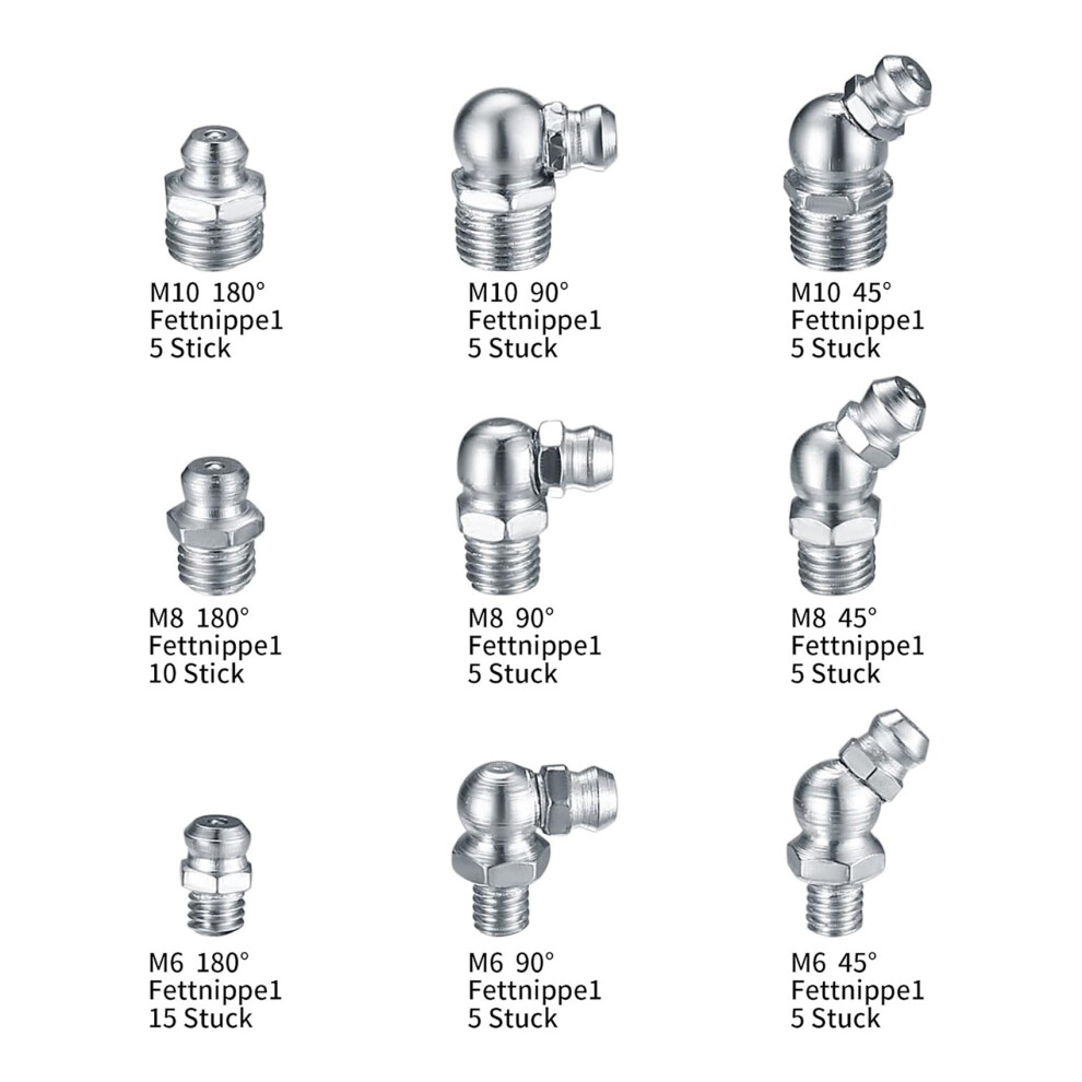 120Pcs Metric Grease Fittings Kit, M6 M8 M10 45 90 Degree Hydraulic Grease Zerk Assortment For Angled Grease Mechanical 4713194495236