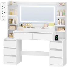 135 cm Dressing Table with Mirror, Vanity Desk, Adjustable 3-Colour LED Lights, Makeup Desk with Plug, Hairdryer Holder, 8 Drawers