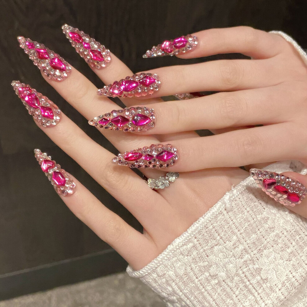 Penghui-Toys Pink (S) Rhinestone Fake Nails - Chip & Smudge Proof