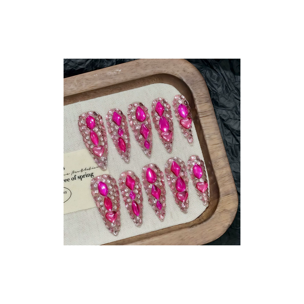 Penghui-Toys Pink (M) Rhinestone Fake Nails - Chip & Smudge Proof