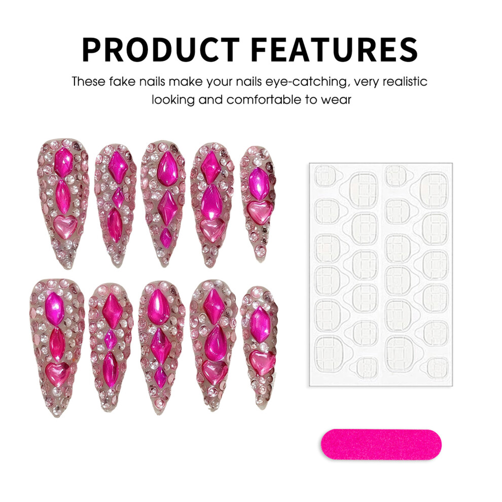 Penghui-Toys Pink (L) Rhinestone Fake Nails - Chip & Smudge Proof