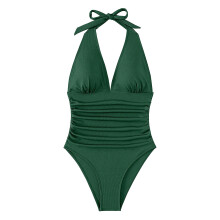 (Green, L) Sexy V Neck One-Piece Swimwear for Women