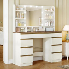 Dressing Table with Bulb Light, Vanity Desk with 1 Large Drawer and 8 Small Drawer Cabinets, Adjustable Brightness, Large HD Mirror