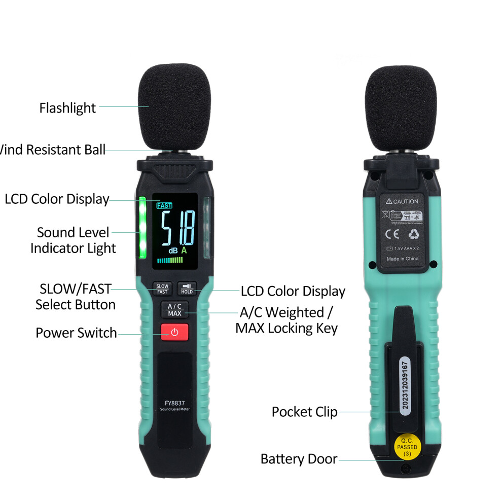 Fy8837 Decibel Meter With Lcd, A/C Weighting, 30-130Db, Compact And Lightweight 8481385845677