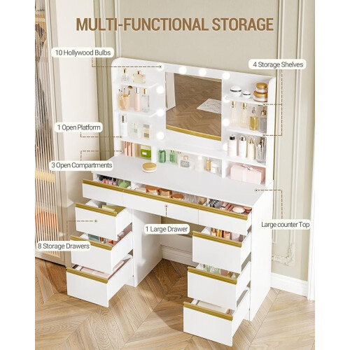 Dressing Table with Bulb Light, Vanity Desk with 1 Large Drawer and 8 Small Drawer Cabinets, Adjustable Brightness 2