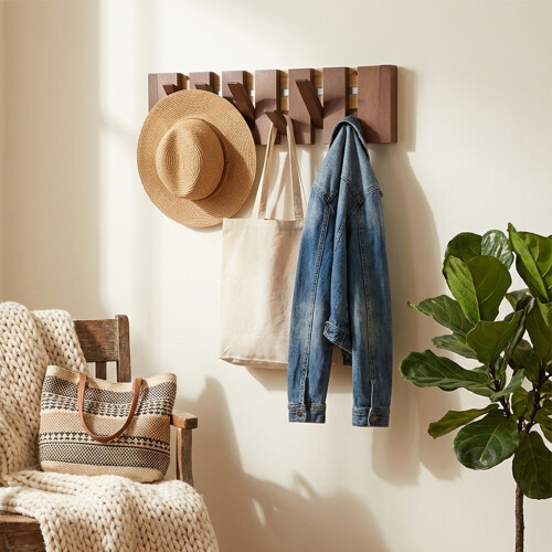 Living And Home (Walnut, 6 Hooks) Wall-Mounted Solid Wood Coat Rack with Flip-Down Hooks 1