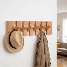 (Natural, 6 Hooks) Wall-Mounted Solid Wood Coat Rack with Flip-Down Hooks