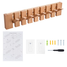 (Natural, 8 Hooks) Wall-Mounted Solid Wood Coat Rack with Flip-Down Hooks