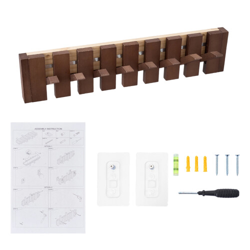 Living And Home (Walnut, 8 Hooks) Wall-Mounted Solid Wood Coat Rack with Flip-Down Hooks