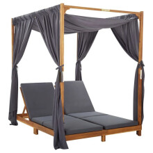 Sofá cama doble de acacia con cortinas y cojines - tumbona de jardín 148x200x200 cm